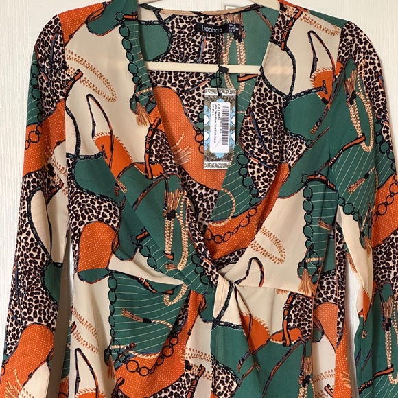 Boohoo - Green/Orange - Satin Chain Print Twist Shift Dress - UK 6/US 2 - NWT - Picture 3 of 12